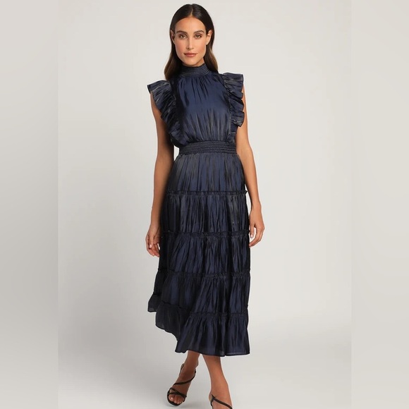 Lulus XL Take a Glance Navy Blue Tiered Mock Neck Midi Dress - Picture 1 of 9
